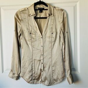 White House Black Market Taupe Snap front Silk Blouse